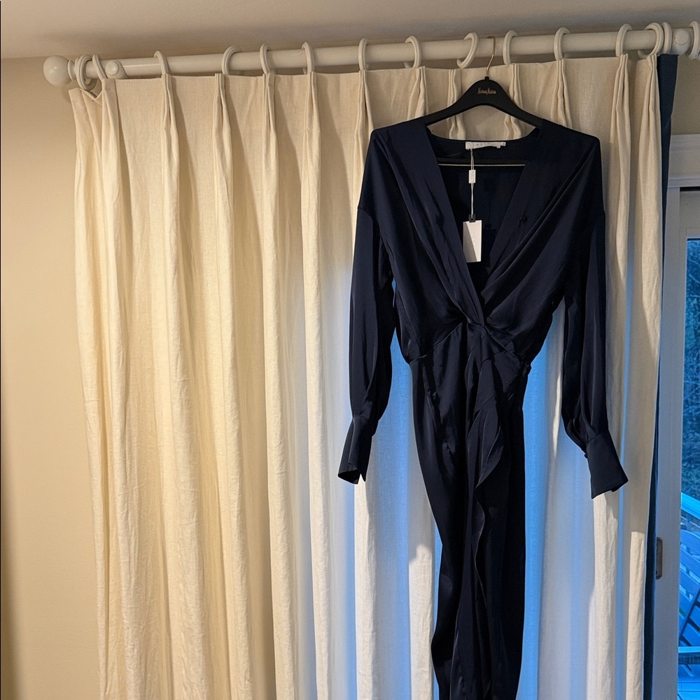 Astr Navy Sheen V-Neck Dress